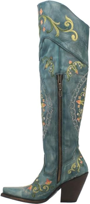 Dan Post Womens Flower Child Snip Toe Dress Boots Over the Knee High Heel 3" & Up - Blue | Amazon (US)
