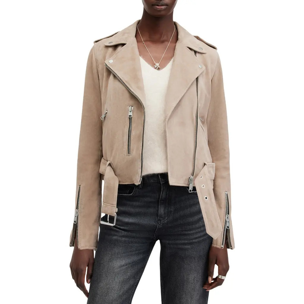 AllSaints Suede Moto Jacket in Warm Taupe Grey at Nordstrom, Size 0 Us | Nordstrom