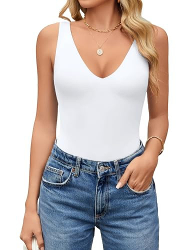 Avidlove Women's Thong Bodysuits Plunge Sleeveless Body Suit Deep V Neck Summer Trendy Leotard Sexy (White, S) | Amazon (US)