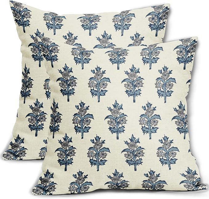 Blue Grey Gray Floral Pillow Covers 18x18 Set of 2 Spring Summer Flower Leaves Print Decorative T... | Amazon (US)