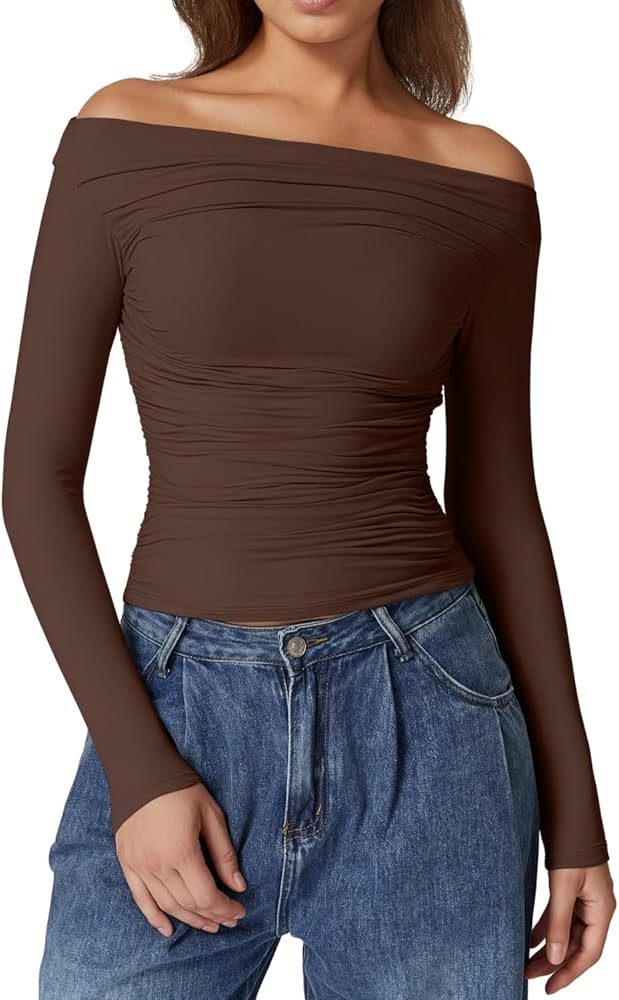 QINSEN Womens Off Shoulder Long Sleeve Tops Ruched Going Out Crop Slim Fitted Double Lined Shirts | Amazon (US)