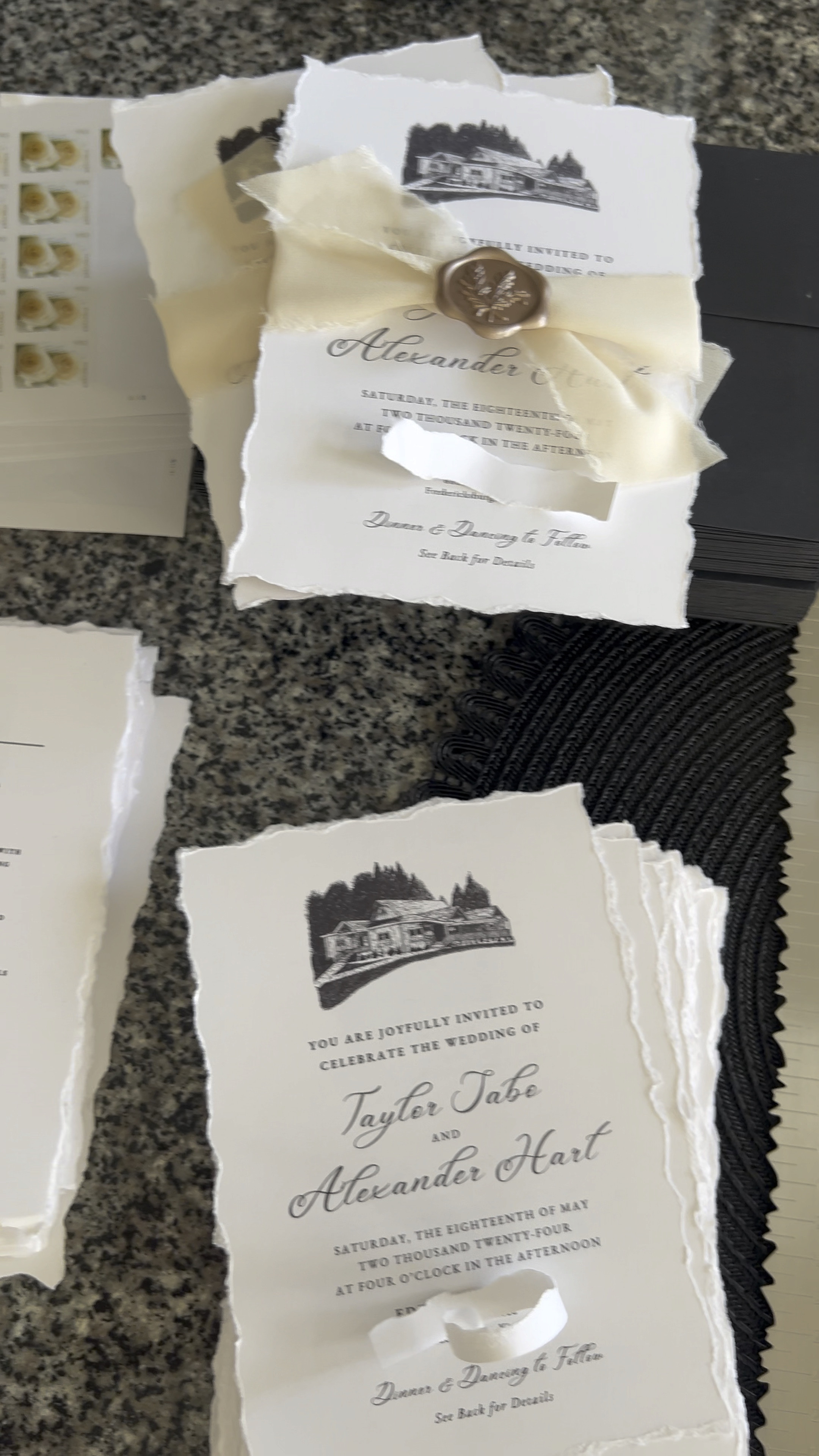 DIY Wedding Invitations! These were a LABOR of love, but I am so proud of how they turned out!🥹 They didn’t come without a few hiccups but were so worth it!!! 

Details:

I made the invite on Canva from scratch (not a template), using Pinterest for Inspo! My stepdad drew the venue and I just used a digital scanner to upload. 

I measured it out to print two 5x7’s on one piece of Cardstock paper, flipped and printed two of the “finer details” on the backside so I would only have one piece. 
I created a super faint rectangle border around the frontside on Canva to know where to rip against the deckled edge ruler. I did not use the water pen the ruler came with - the paper was strong enough. 

I cut all of the ribbon to the desired length for tying, and before hot gluing the seal to the ribbon I put a thin piece of cardboard in between the ribbon and paper so it wouldn’t stick to the paper. Then just slide the cardboard out. 

The envelopes are SO nice. I wanted thicker quality and they were perfect - they also have an adhesive sticker you peel off the flap to seal which makes it so easy. 

Most at home printers don’t have white ink, but I really wanted black envelopes, so I found these slightly textured wraparound address labels! They’re so nice. Return address goes where the flap slide is and deliver to will go on the stamp side - If you go to Avery.com, they make awesome templates for easier printing!

That was a whirlwind, but if you have any questions, please reach out!!!

#ltkwedding #weddinginspo #diyinvitations #diybride #diywedding #bridal