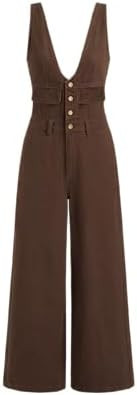 CIDER Womens Jumpsuits Denim Wide Leg V neck Middle Waist Button Pocket Sleeveless Jumpsuit Jean ... | Amazon (US)