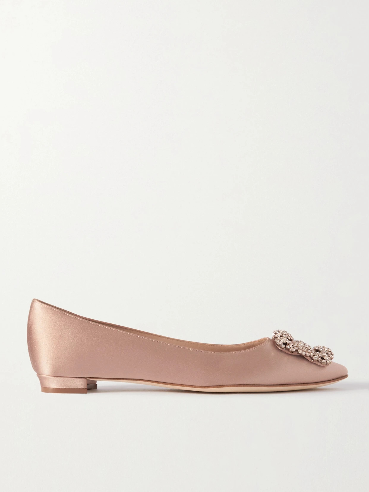 Manolo Blahnik - Hangisi Crystal-embellished Satin Point-toe Flats - Neutrals | NET-A-PORTER (US)