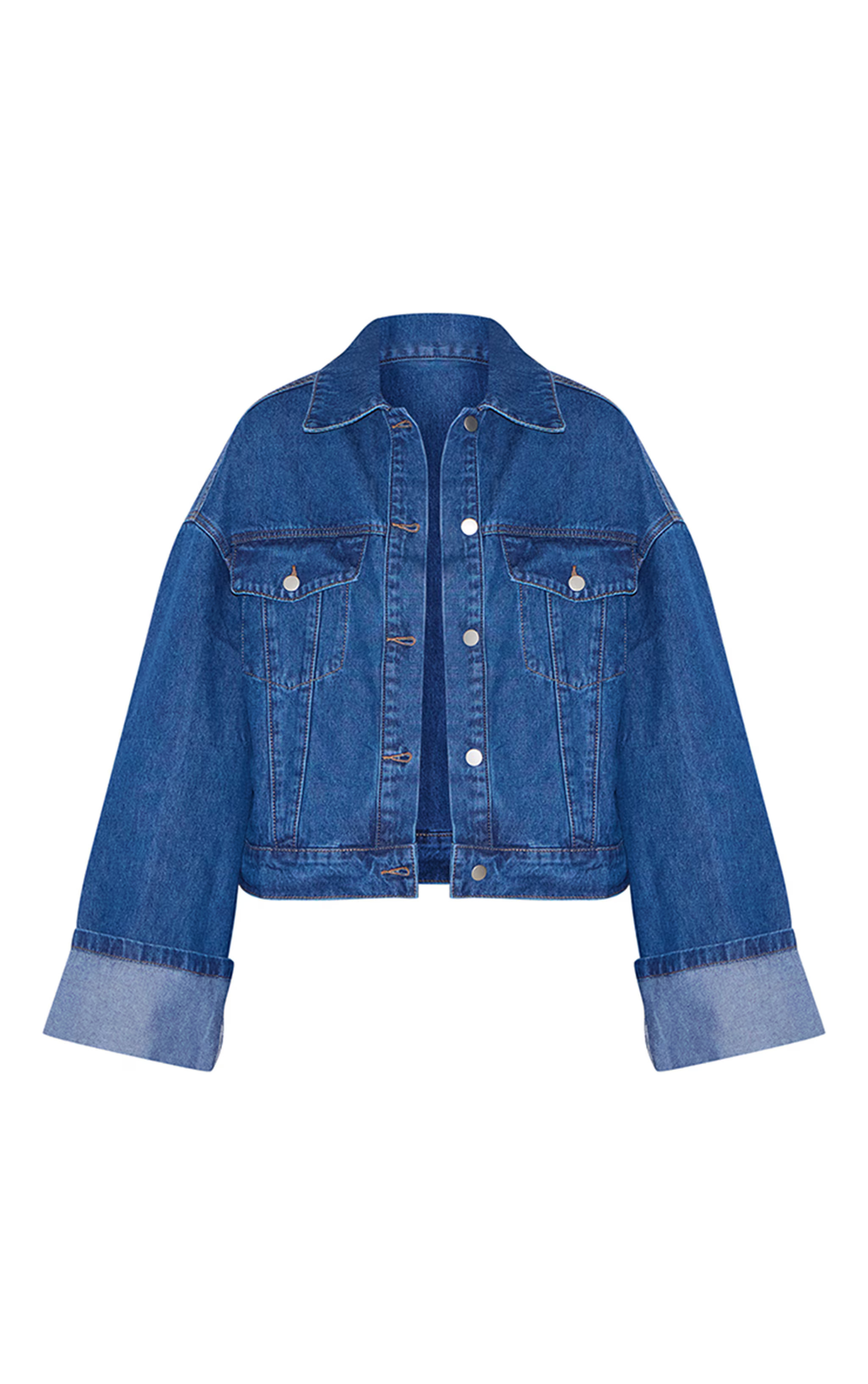 Mid Blue Wash Contrast Stitch Turn Up Cuff Denim Jacket | Denim | PrettyLittleThing US