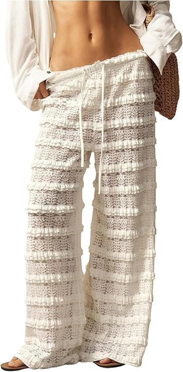 RoseSeek Women's Crochet Lace Pants Ruffle Layered Elastic Waist Mesh Bathing Suit Cover Up Beach... | Amazon (US)