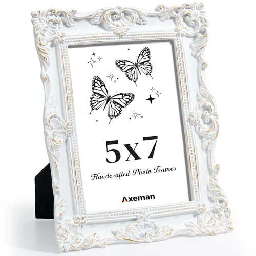 Axeman 5x7 Picture Frame, Vintage Textured Hand-Crafted Resin Ornate Antique Photo Frame with Glass Front for Tabletop & Wall Display, Decorative Floral Design Home Décor, Art, Wedding, White & Gold | Amazon (US)