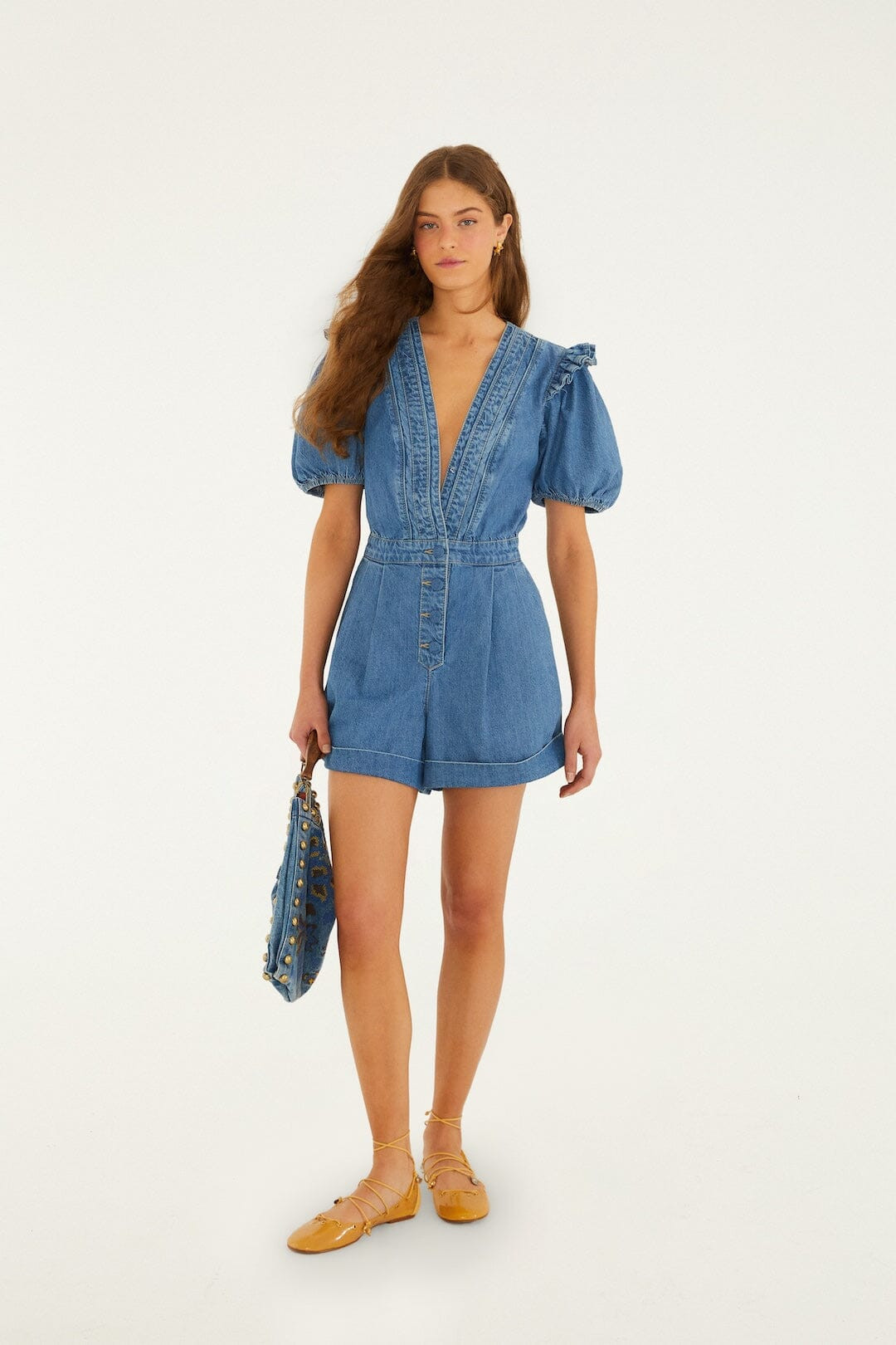 Denim Ruffled Puff Sleeve Romper | FARM Rio | FarmRio (US)