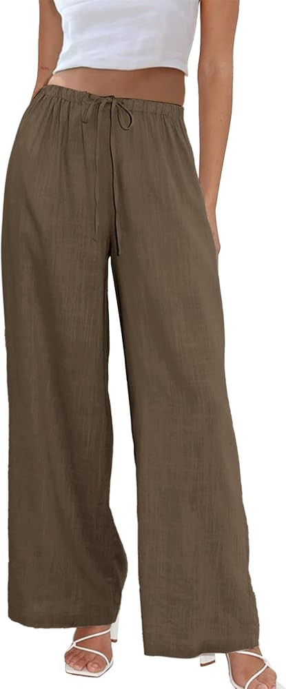 Duyang Womens Cotton Linen Palazzo Pants Drawstring Elastic Waist Casual Wide Leg Trousers with P... | Amazon (US)