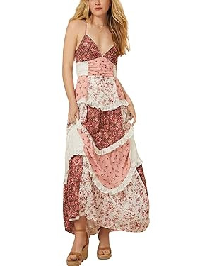 ebossy Maxi Dress Lace Patchwork Floral Spaghetti Strap Ruffle Tiered Boho Sundresses | Amazon (US)