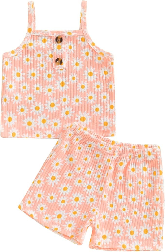 Adobabirl Toddler Baby Girl Summer Clothes Daisy Print Sleeveless Ribbed Camisole Tank Top and Sh... | Amazon (US)