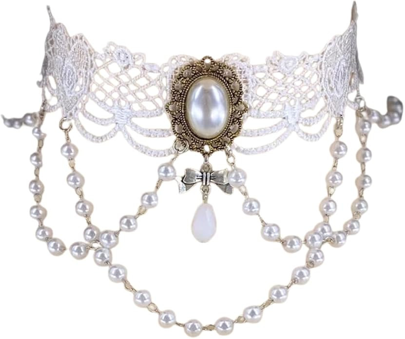 Elegant Gothic Lace Rose Choker Necklace Halloween Vintage Pearl Necklaces Halloween Victorian Lo... | Amazon (US)