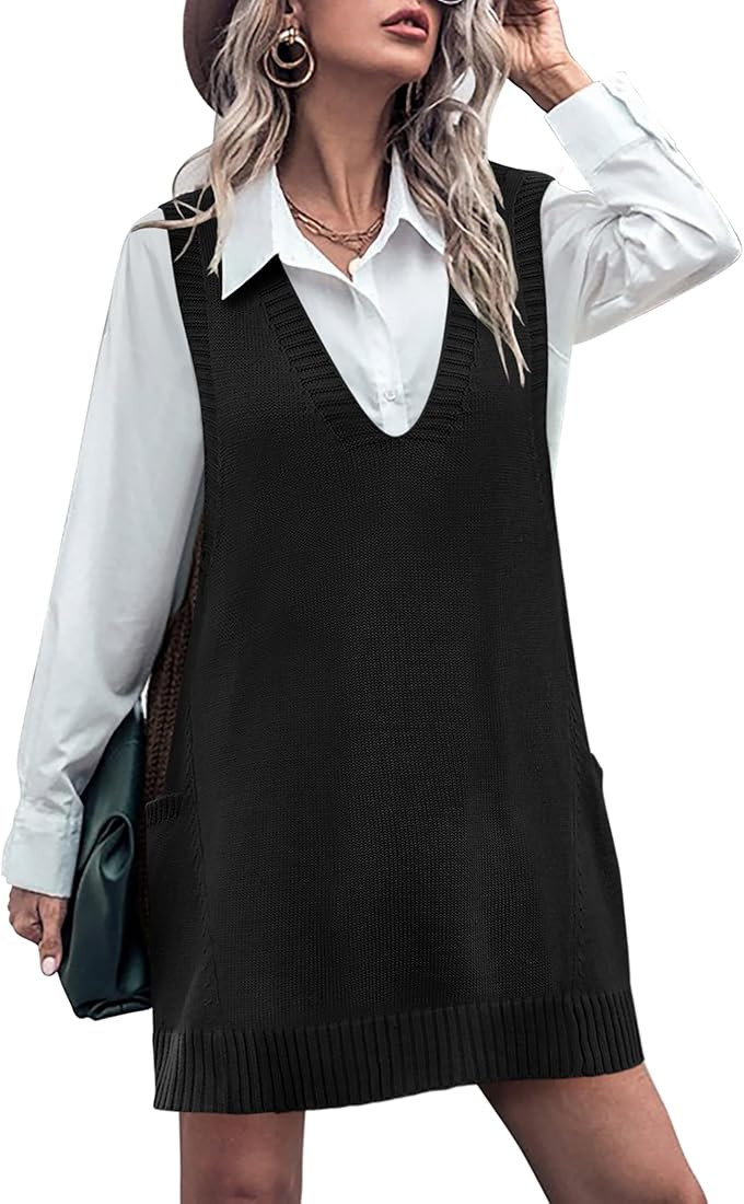 HOTOUCH Women Sweater Vest Oversized V Neck Sleeveless Knit Pullover Ribbed Vest Dress with Pocke... | Amazon (US)