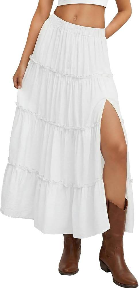 Cutecrop Women's Tiered Maxi Skirt Elastic Waist Flowy Casual Boho Skirts Ruffle High Slit A Line... | Amazon (US)