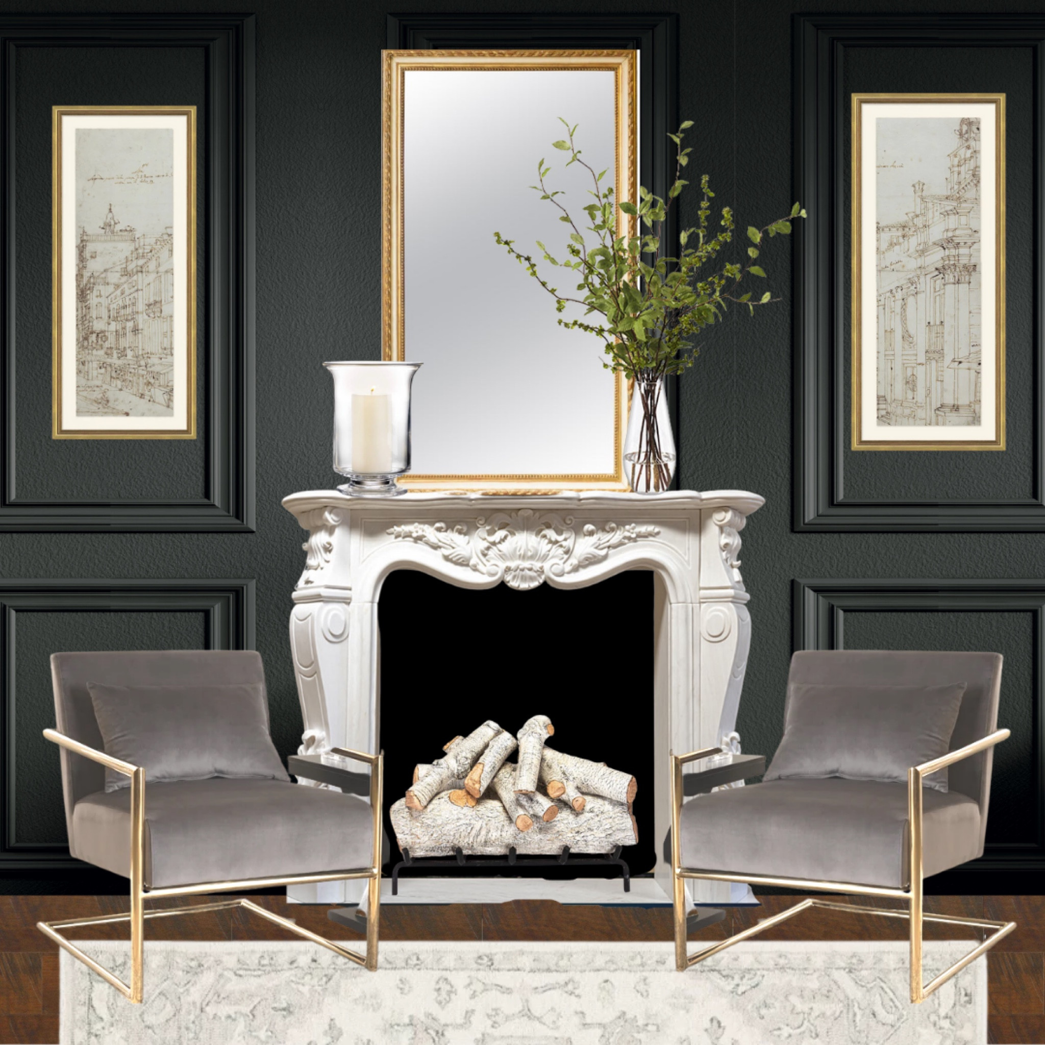 Moody Restoration Hardware inspired living room 
Arm chairs modern 
Area rug 
Wall framed art 
Greenery stems 

#LTKhome #LTKSeasonal #LTKstyletip