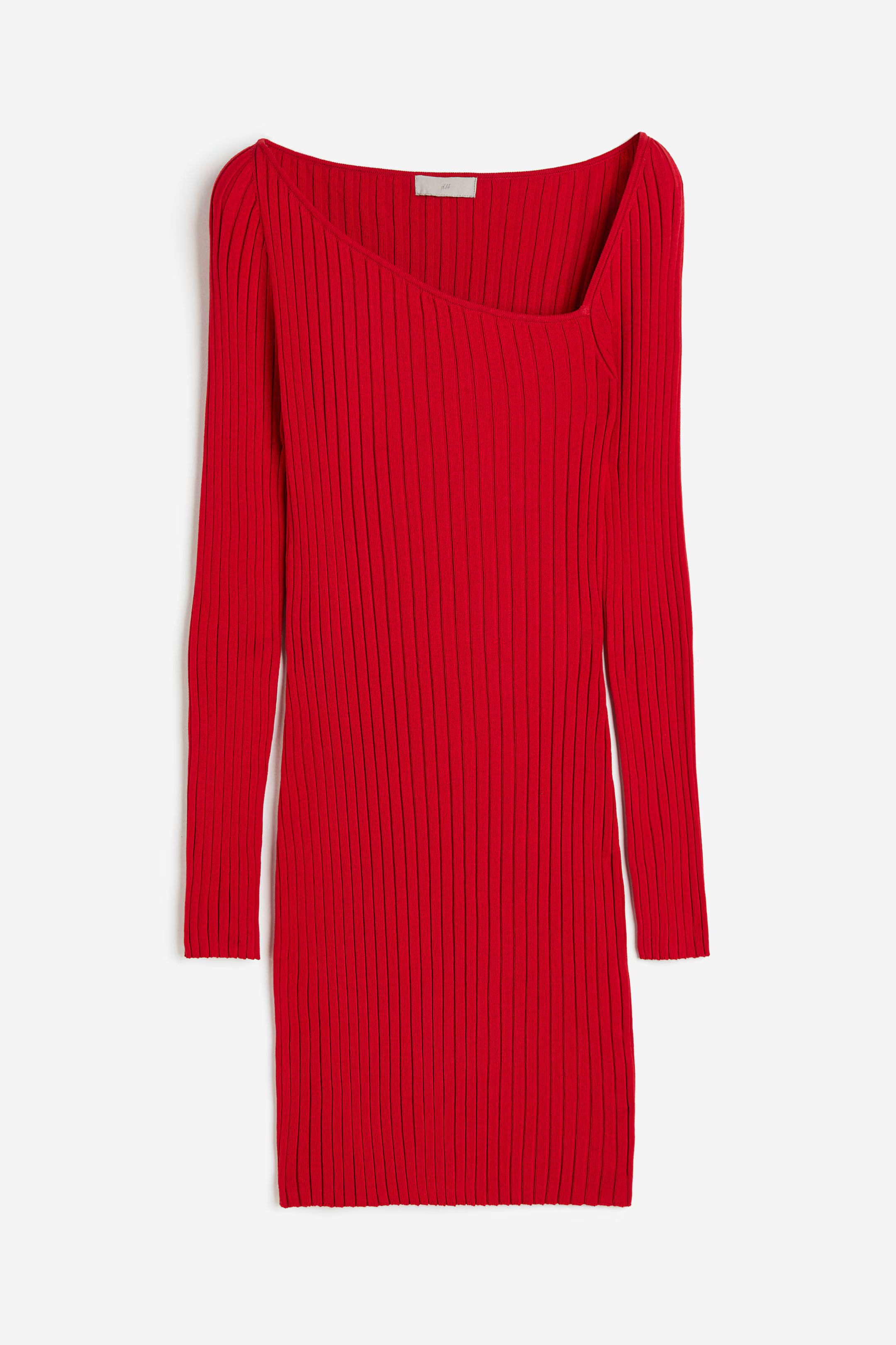 Rib-knit Bodycon Dress - Asymmetric Neckline - Long sleeve - Red - Ladies | H&M US | H&M (US + CA)