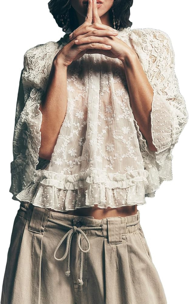 UAURORAO Women Flowy Floral Sheer Shirts See Through Mesh Sexy Blouses Half Sleeve Lace Cape Ponc... | Amazon (US)