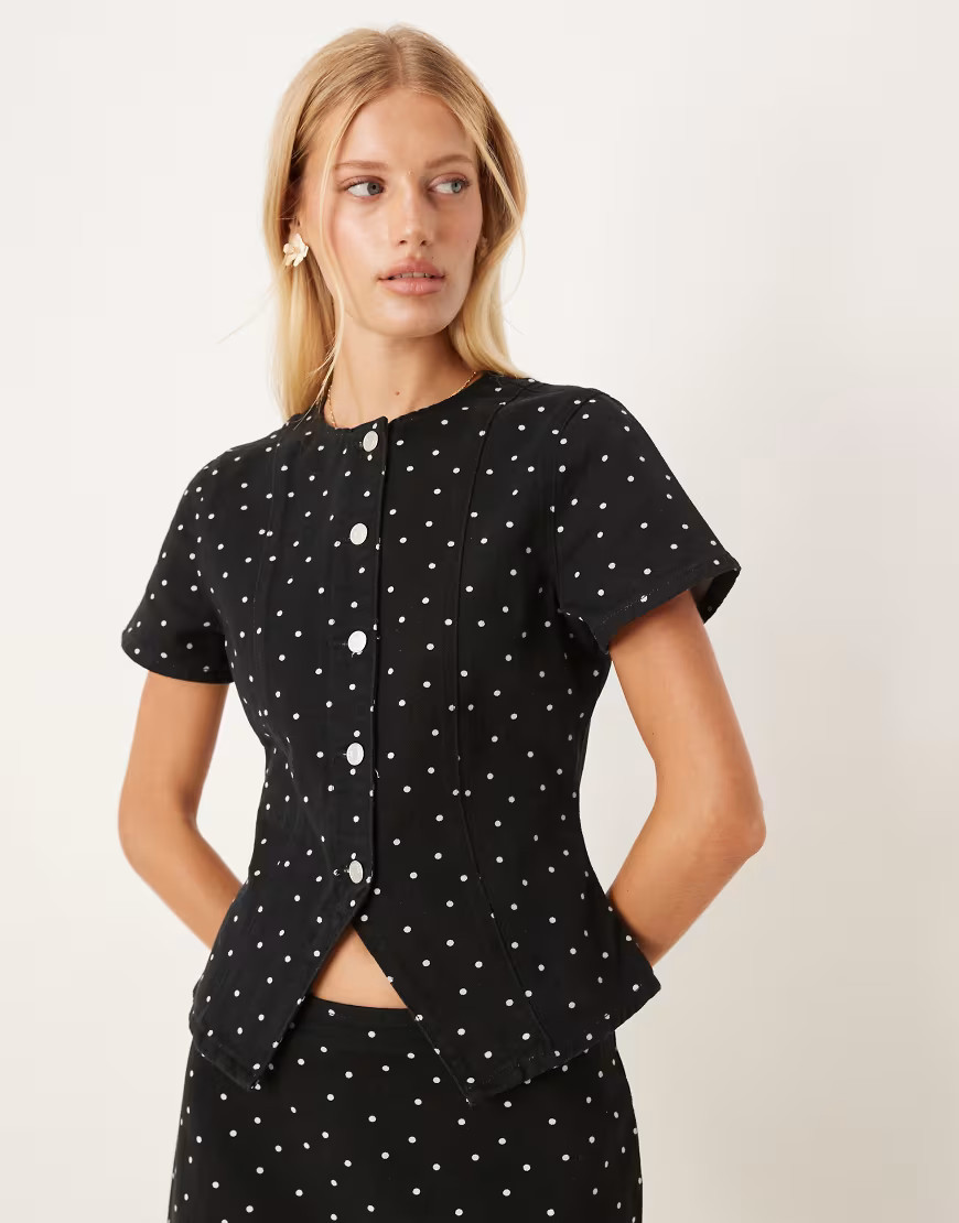 ASOS DESIGN denim button up short sleeve top in mini polka dot-Black | ASOS (Global)