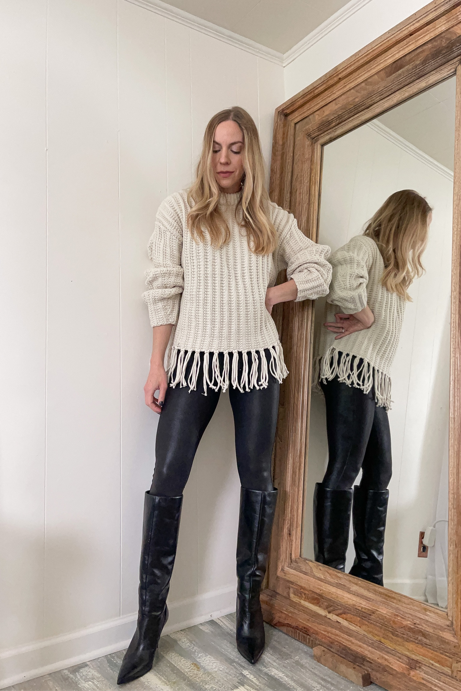 Fringe sweater, Spanx faux leather leggings, knee high leather boots, fall fashion 

#LTKSeasonal #LTKunder100 #LTKshoecrush