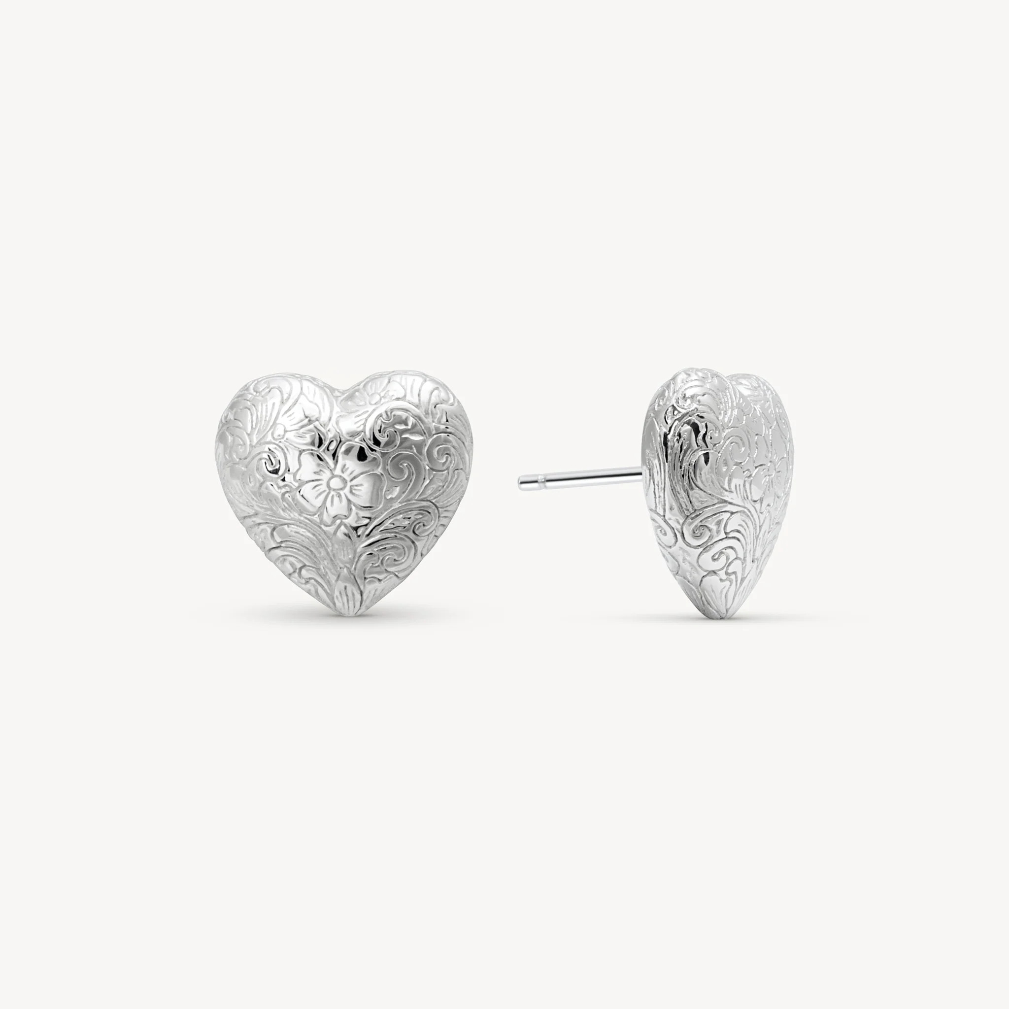 Etched Floral Heart Stud Earrings | Hillberg & Berk | Hillberg & Berk