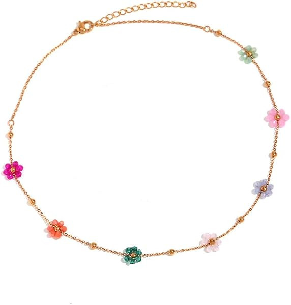 Amazon.com: Izpack Cute Flower Beaded Ball Choker Necklace Stainless Steel Colorful Acystal Bead ... | Amazon (US)