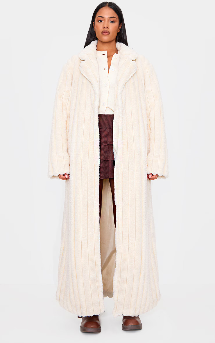 Tall Cream Faux Fur Rib Detail Maxi Coat | PrettyLittleThing US