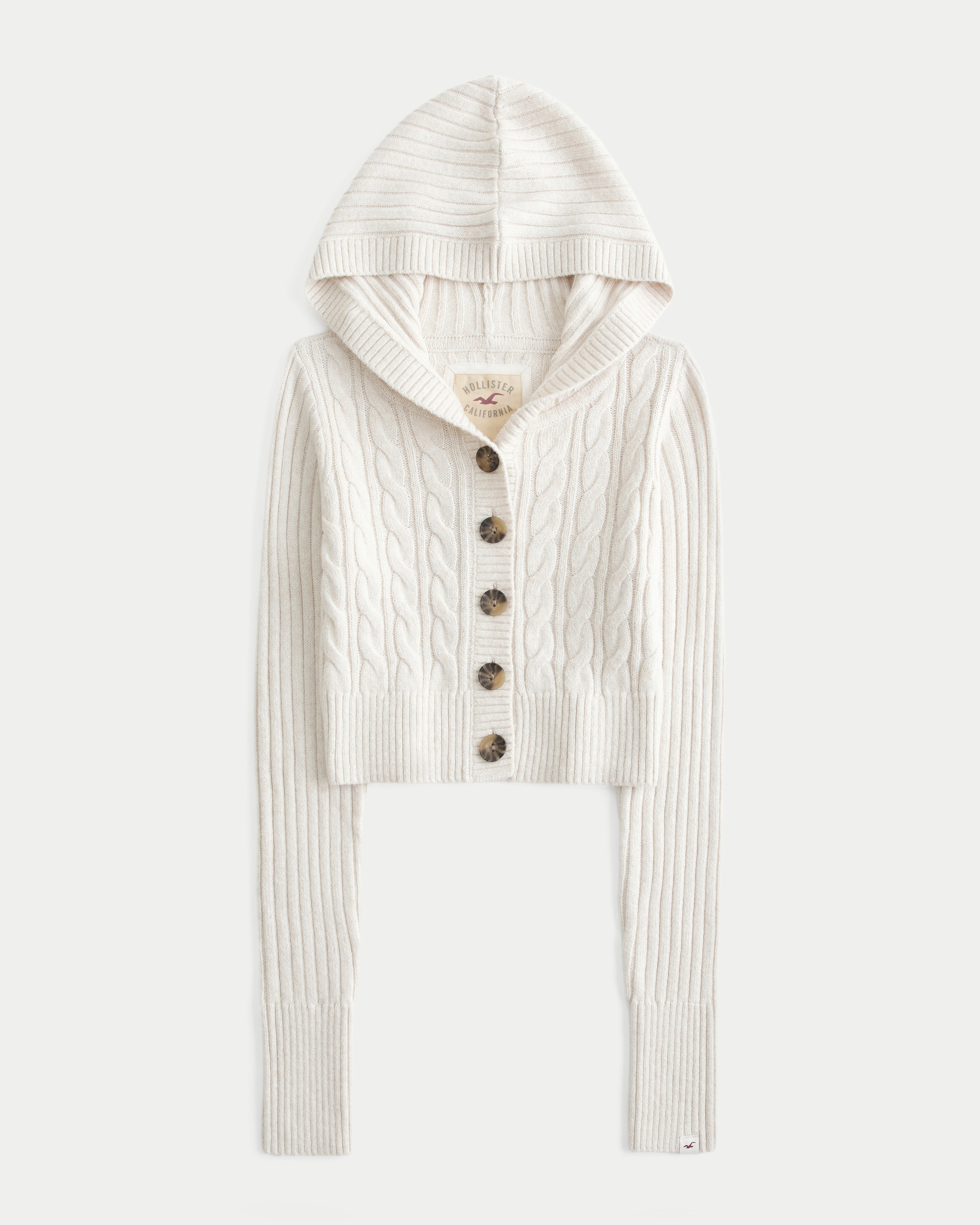 Shrunken Cable-Knit Hooded Cardigan | Hollister (US)