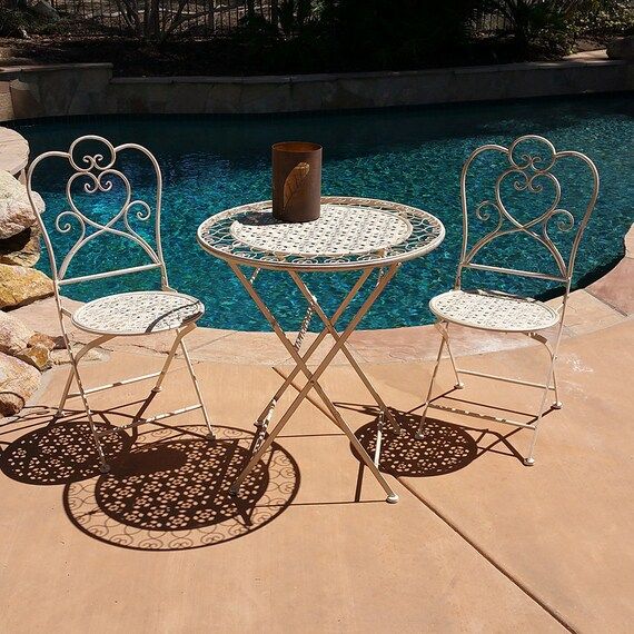 Antiqued Iron 3-Piece Folding Bistro Set - Outdoor Conversation Patio Set | Etsy (US)