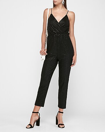 striped sequin wrap front cami jumpsuit | Express