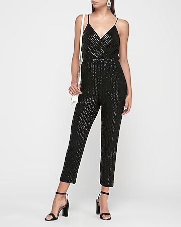 striped sequin wrap front cami jumpsuit | Express