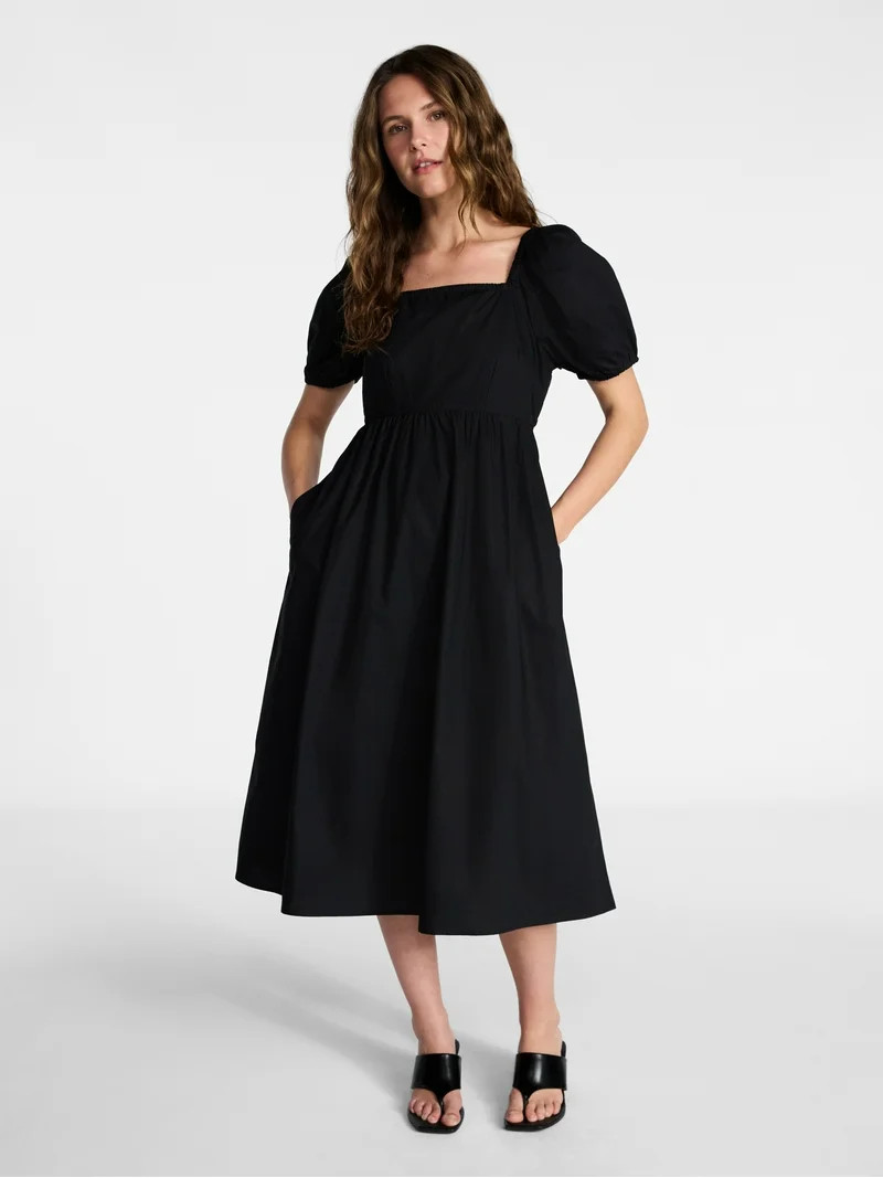 Time and Tru Women's and Women's Plus Cotton Back Tie Midi Dress with Short Puff Sleeves, Sizes X... | Walmart (US)