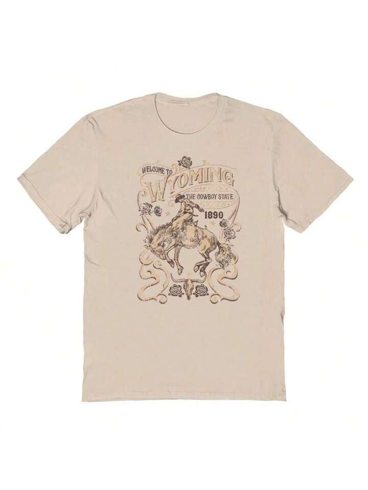 Nearly There Wyoming Cowboy Cowboy State Horse Graphic Sand Unisex Cotton Short-Sleeve T-Shirt | SHEIN