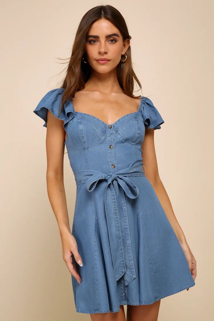Sweetest Stance Blue Chambray Button-Front Mini Dress | Lulus