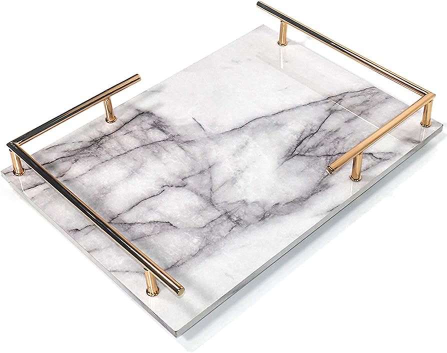 PuTwo Decorative MDF Tray with Marble Print, Handmade Vanity/Perfume Tray with Gold Metal Handle,... | Amazon (US)