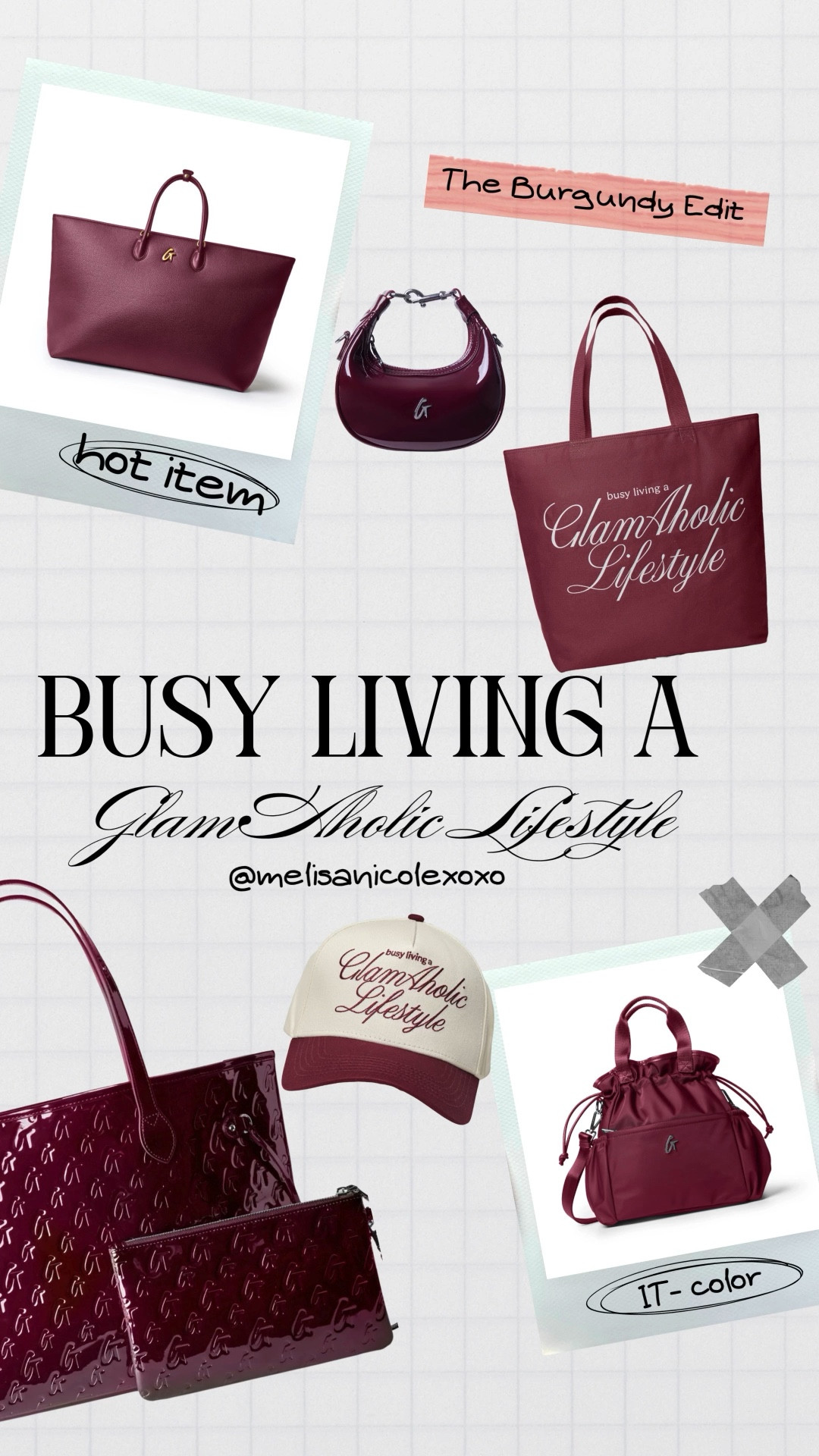 @GlamAholic Lifestyle latest collection, “Busy Living a GlamAholic Lifestyle” drops today at 3pm. Save this post and be ready to shop! Burgundy is the it-color for 2026. This is the Burgundy Edit which includes the jumbo pebble tote bag, nano mirror hobo bag, canvas tote bag, monogram glam tote and wristlet, trucker hat, dad hat, and nylon lunch bag. 

#GlamAholicLifestyle 

#LTKTravel #LTKSaleAlert