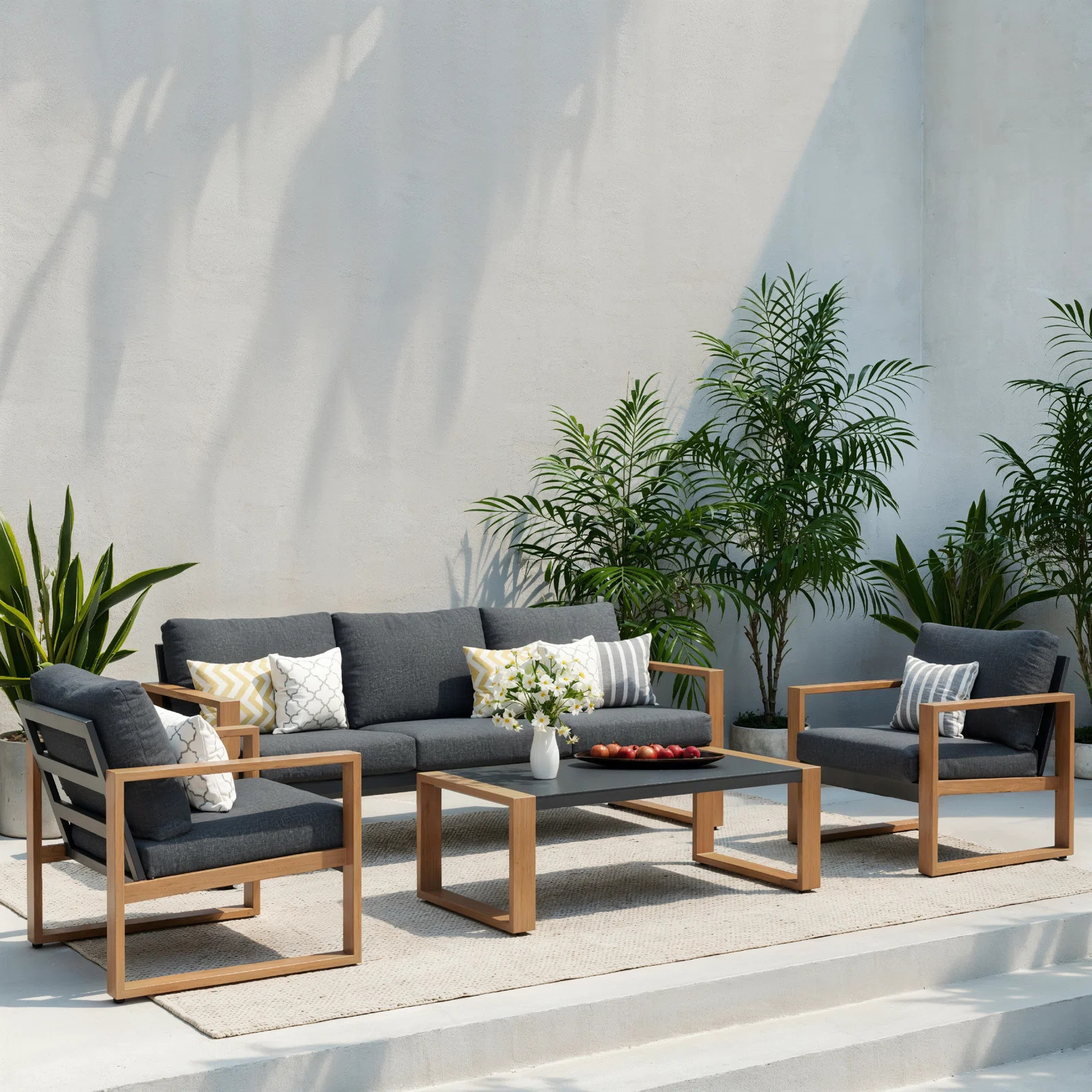 Arunas 5 Person Outdoor Conversation Furniture Set Seating Group with Wood Pattern and Cushions | AllModern