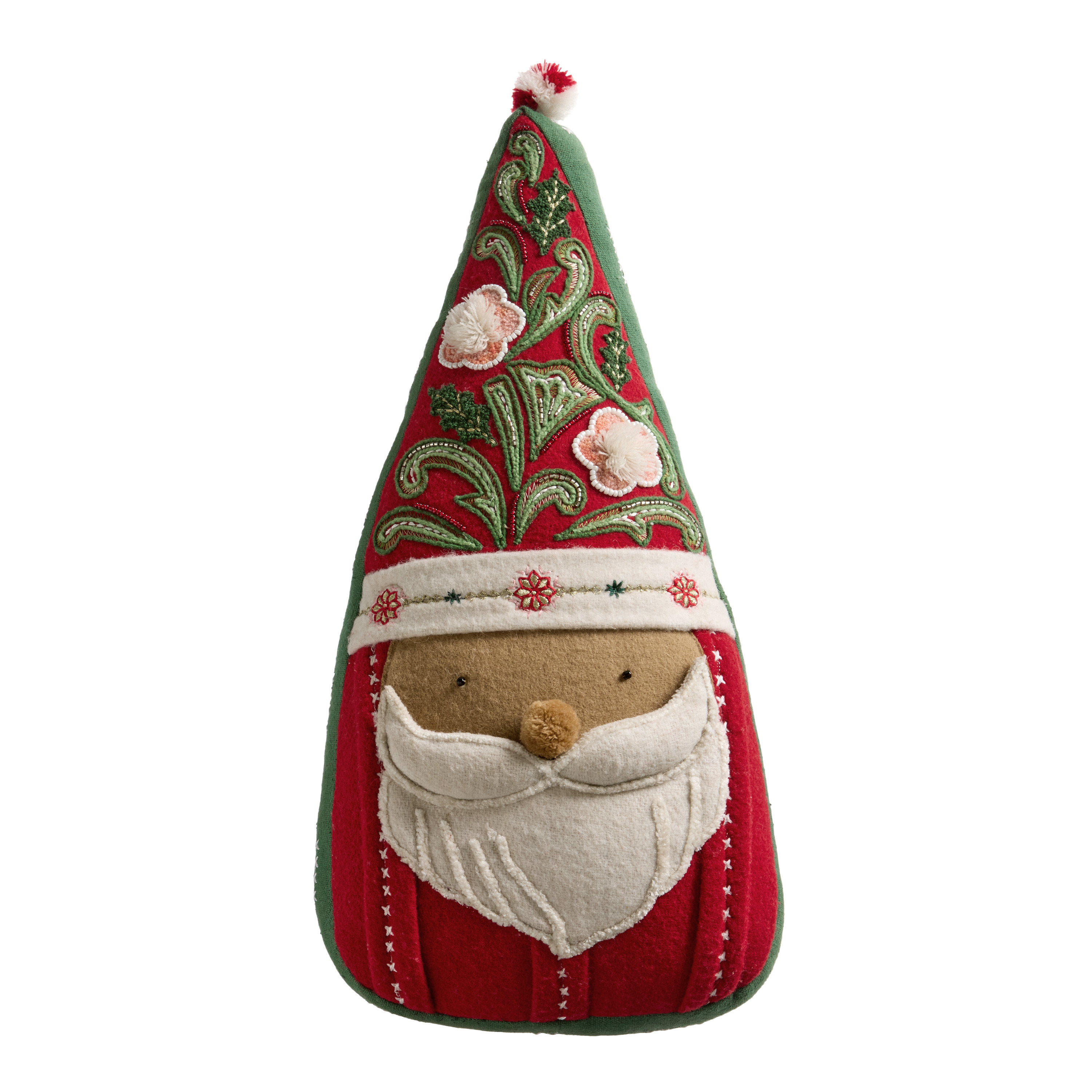 Red and Green Folkloric Embroidered Santa Shaped Throw Pillow | World Market
