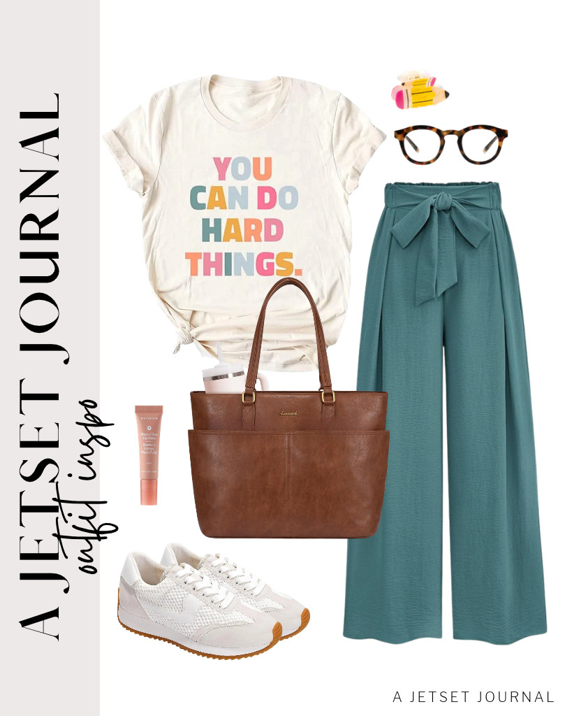 Style this combination of teacher top and wide-leg pants from PRETTYGARDEN with the LOVEVOOK work tote bag and Peepers by PeeperSpecs glasses. For footwear, wear these Project Cloud lace-up fashion sneakers. 

 #LTKSeasonal #LTKSaleAlert #LTKTravel