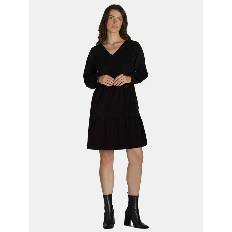 Time and Tru Women's and Women's Plus Cotton Corduroy Tiered Dress, Sizes XS-4X | Walmart (US)