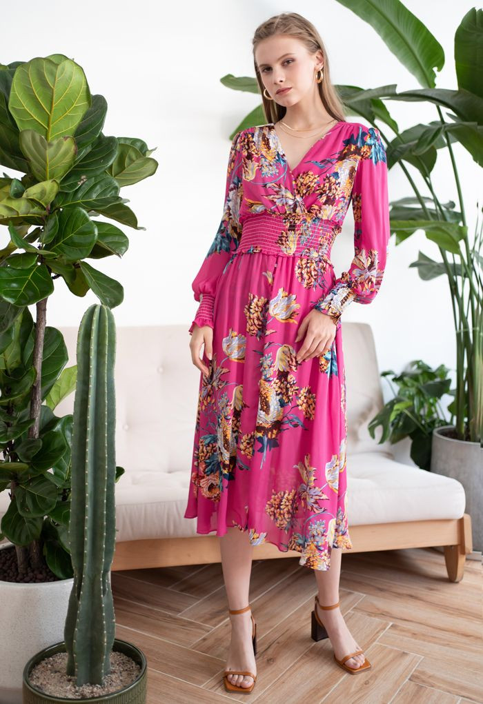 Blooming Bouquet Satin Button Down Wrap Midi Dress in Magenta | Chicwish