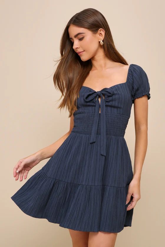 Darling Cutie Navy Blue Textured Tie-Front Tiered Mini Dress | Lulus