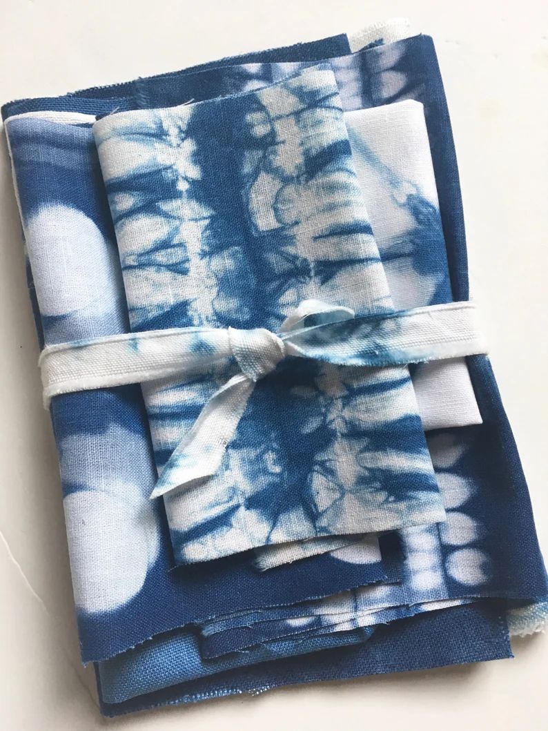Linen Shibori Fabric Bundle, Indigo Dyed Shibori Sampler, Fabric for Boro and Mending | Etsy (US)