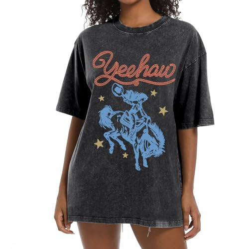 Cayxatiu Western Shirts for Women Vintage Cowgirl Shirt Oversized Rodeo Cowboy Graphic Tees Country Concert Short Sleeve Tops(Black,M) | Amazon (US)