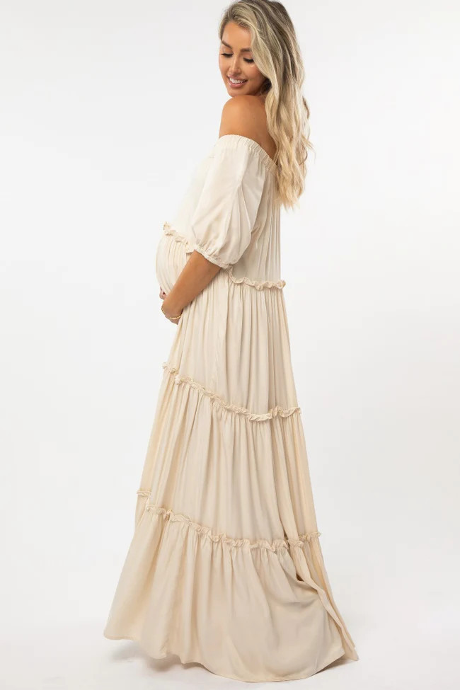 Cream Off Shoulder Ruffle Tiered Maternity Maxi Dress | PinkBlush Maternity