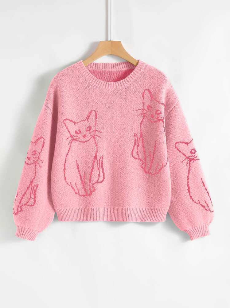 Lunelith SHEIN Lunessa Cat Pattern Drop Shoulder Sweater,Long Sleeve Tops Knit Pullover Fall Winter Outfit | SHEIN