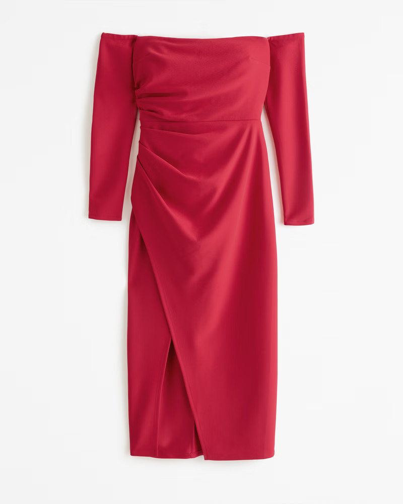 Women's Long-Sleeve Off-the-Shoulder Crepe Midi Dress | Women's Dresses & Jumpsuits | Abercrombie... | Abercrombie & Fitch (US)