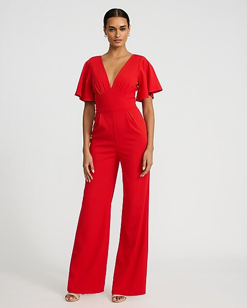 V-Neck Flutter Sleeve Low Back Wide Leg Jumpsuit | Express