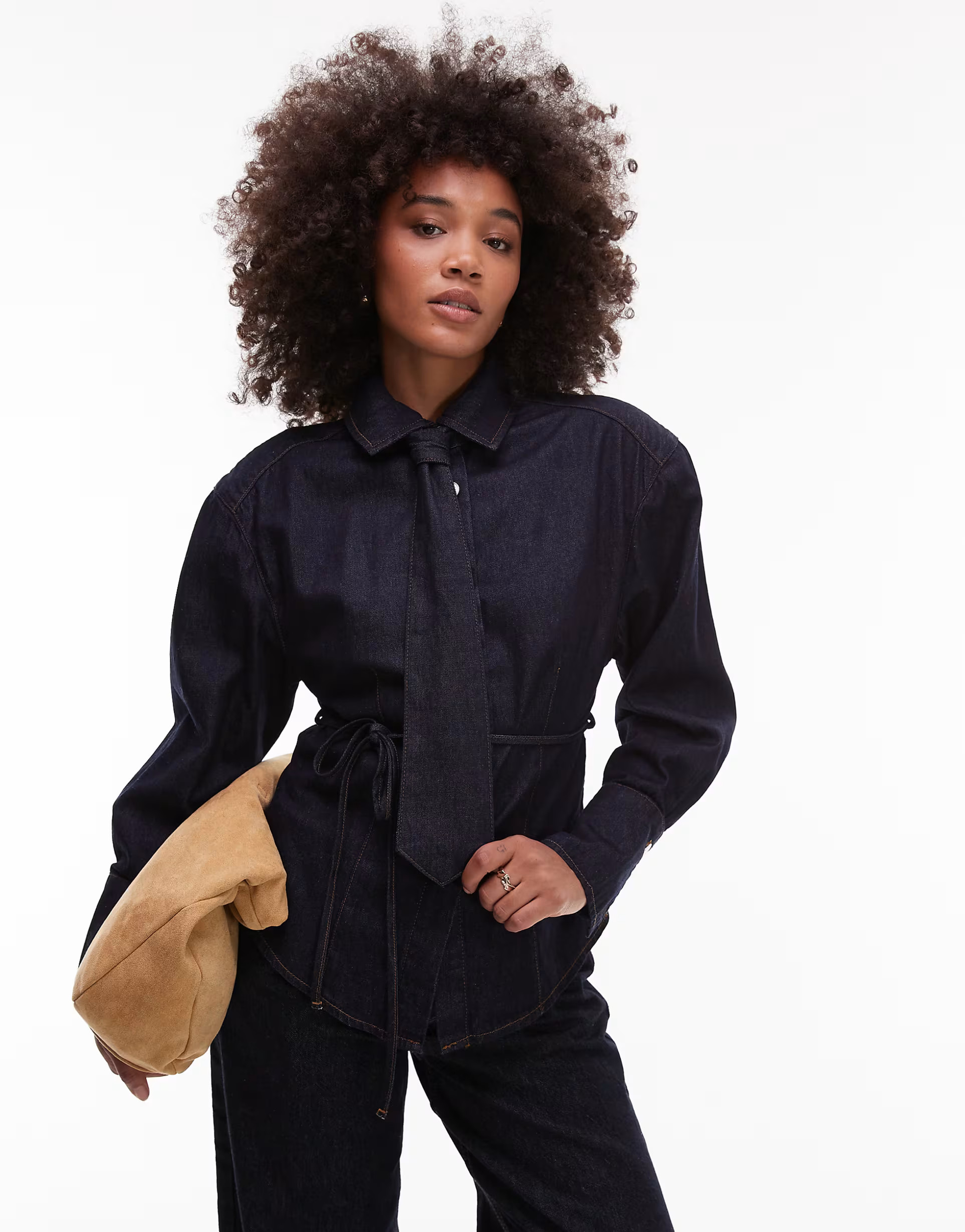 ASOS DESIGN cinched shoulder pad denim shirt with tie in rinse wash | ASOS (Global)