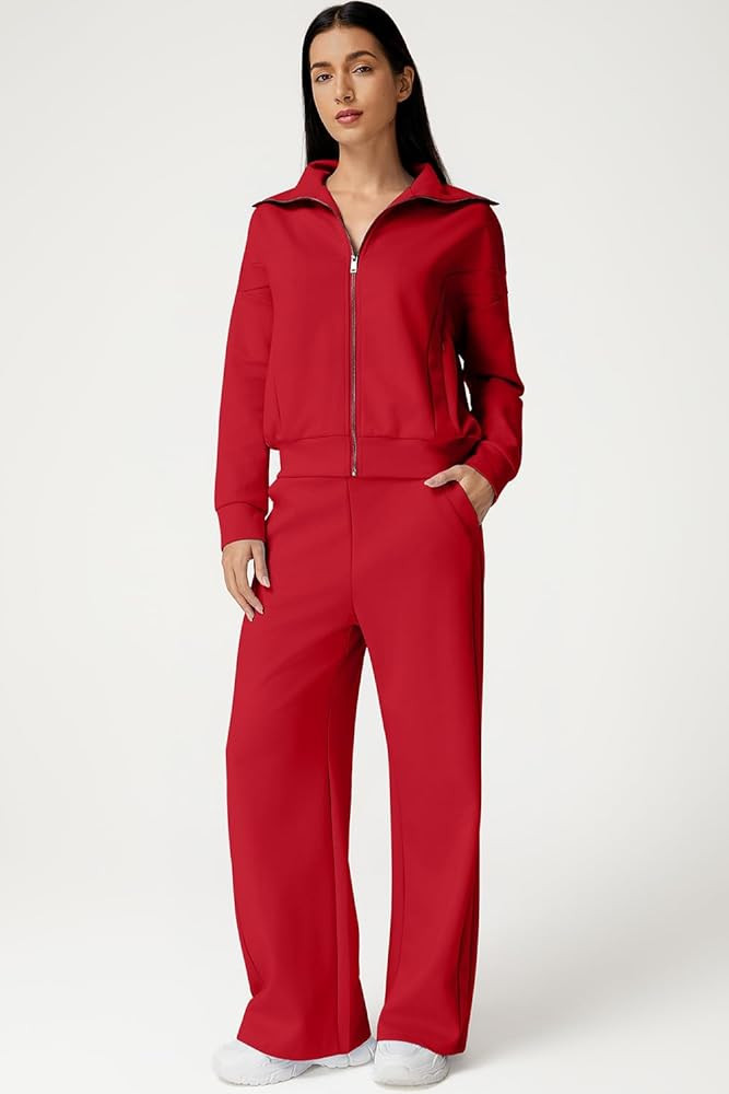 QINSEN Women's Cotton 2 Piece Outfits Lapel Long Sleeve Zip Up Sweatshirt Wide Leg Pants Matching... | Amazon (US)