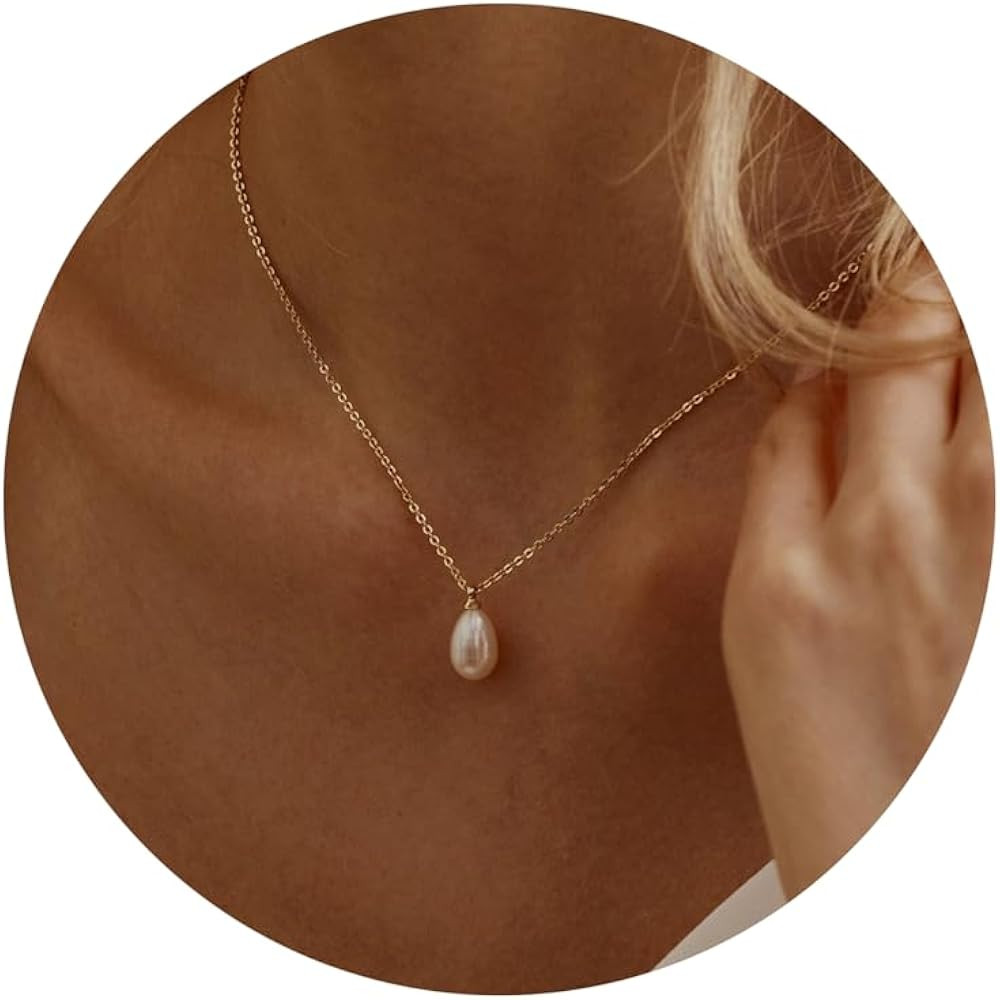 Amazon.com: Dainty Gold Necklace for Women,Pearl Drop Trendy Pearls Pendant Necklace 14k Gold Pla... | Amazon (US)